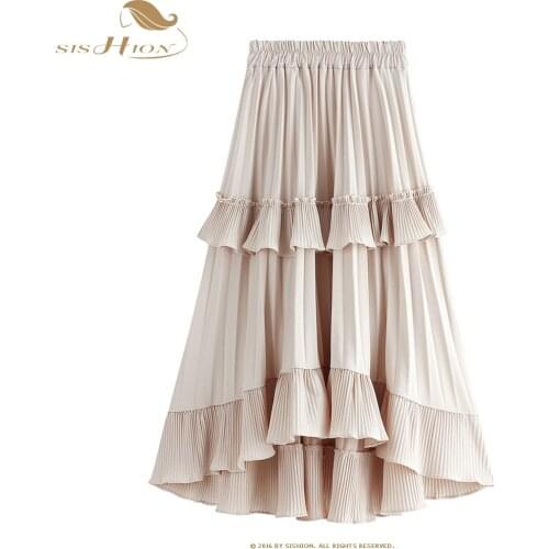 SISHION Short Front Long Back Cake Style Irregular Skirt WF0047 rokjes dames Women Ladies Ruffles Black White Long Pleated Skirt