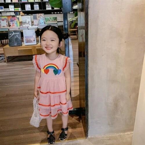 Girls Summer Rainbow Dress 3T-8T Kids Fashion Short Sleeves Cute Pink Dress Childrens Garments Casual Party Dress SA2153