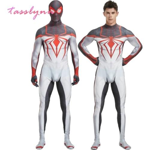 Miles Morales white Spider Cosplay Costumes for Men Anime Clothes Boys Spider Suit Lycra Zentai PS5 Cosplay Halloween Bodysuit