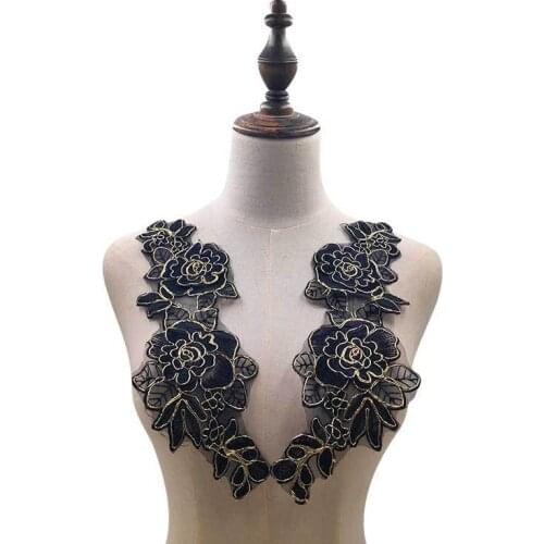 2PCS Elegant Glitter Gold Black 3d Flowers Patch Organza Embroidered Venise Lace Applique Evening Dress Guipure Scrapbooking DIY