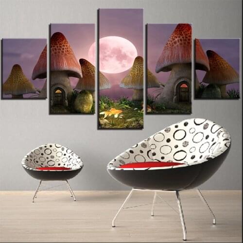 Wall Art Pictures Kid Room Decor Posters 5 Panels Fairy Mushroom and Moon at Night Camvas For Living Room Printed Painting