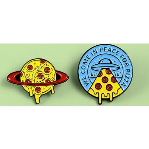 Pizza Planet Aliens UFO Combination "We Come In Peace For Pizza " Jewelry Enamel Pin Surpass Imagination Pendent For Kids