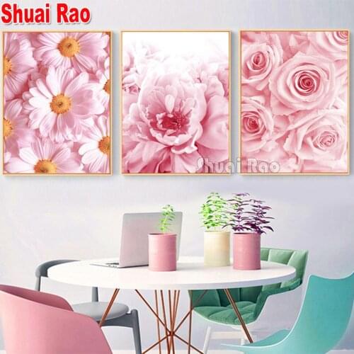 Full Diy diamond painting pink peony flowers 5d picture rhinestones embroidery diamond mosaic 3d handmake cross stitch 3 piece