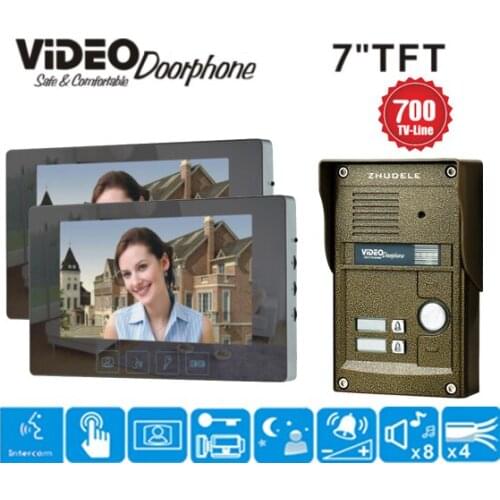 ZHUDELE Wired Touch 7 inch Color Home Video Door Phone Intercom System2 Monitor + 1 RFID Code Camera waterproof for 2-apartments