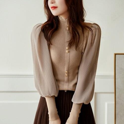 Pullover Sweater Autumn Winter New 2021 Slim Elegant Tops Feminine Wood Ear Turtleneck Lantern Sleeve Bottom Knitwear 15922