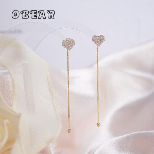 OBEAR 14k Real Gold Plated Korean Pavé Zircon Heart Small Round Beads Tassel Stud Earrings Women Sweet Romantic Dating Jewelry