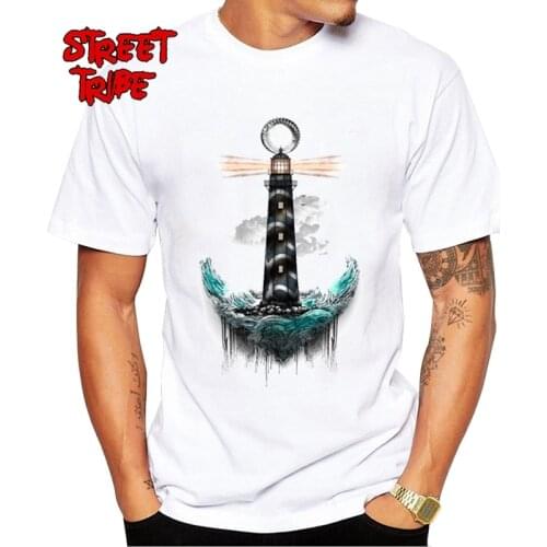 Vintage Lighthouse Men T-Shirt Hipster Sailor Way Design Crew Neck Tops Geek Style Mens Tee Shirts Unique Gift Clothing