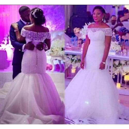 South African Mermaid Wedding Dresses Long Plus Size Off Shoulder Beads Tulle Bridal Gowns New Arrival Formal Dress