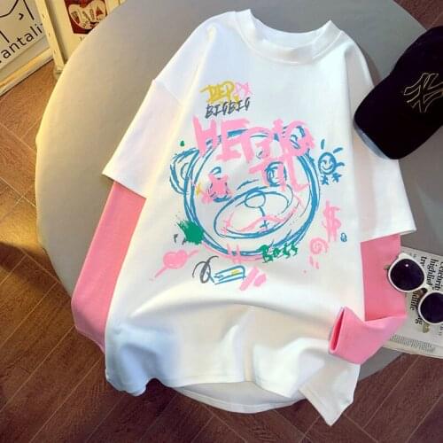 Womens Clothing 2021 New Fashion Stitching Long Sleeve T-shirt Womens Printing Niche Top Western Style Shirt Ins Fashion