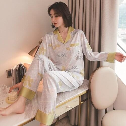 Women Lapel Pajamas Set Spring Autumn Shirt&Pants Long Sleeve Trousers Suit Satin Two Piece Suit Elastic Waist Loungewear