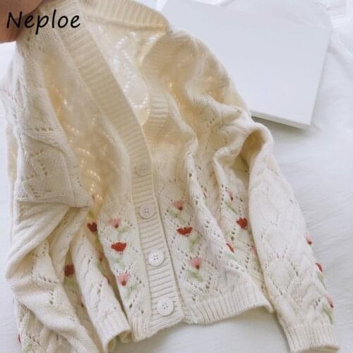 Neploe Autumn Flower Embroidery Women Knitted Cardigan New V-neck Hollow Out Single-breasted Jacket Fashion Sweet Femme Sweater