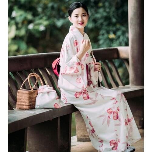 Womens Yukata Traditional Japan Kimono Robe Photography Dress Cosplay Costume white Color flower Prints Vintage Clothing