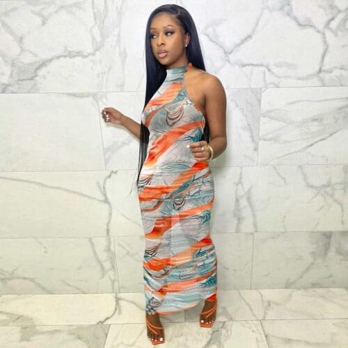 Mesh Sheer Aesthetic Striped Print Pleated Dress Women Halter Neck Backless Package Hip Dress Summer Off Shoulder Long Dresses