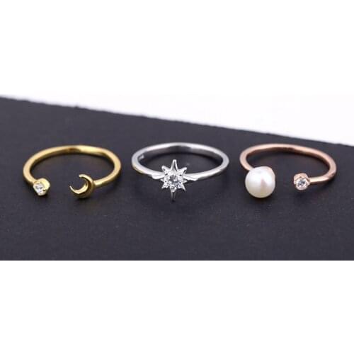 L&P Adjustable Wedding Ring 100% 925 Sterling Silver Star&Moon Pearl 3-Pieces ringsfine Jewelry for woman & Girlfriend LMRI042