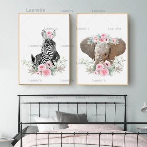 Animal Wall Art Canvas Painting Elephant Giraffe Lion Flowers Poster Nursery Prints Nordic Kids Decoration Pictures Room Decor