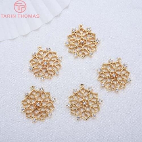 4PCS 15MM 24K Champagne Gold Color Plated Brass with Zircon Snowflake Charms Pendants High Quality Diy Jewelry Accessories