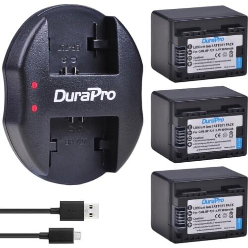 3pc 3000mAH BP-727 BP 727 Li-ion Battery & USB Charger for Canon BP-709,BP-718,BP-727,CG-700,VIXIA HF M50,M51,M52,M560,R300,R306