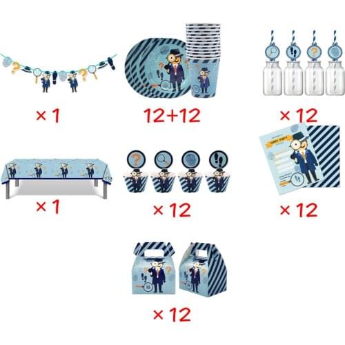 86pcs For 12 Kids Detective Secret Agent Spy Birthday Party Supplies Tableware Plate Straw Glass Candy Box Invitation Cupcake