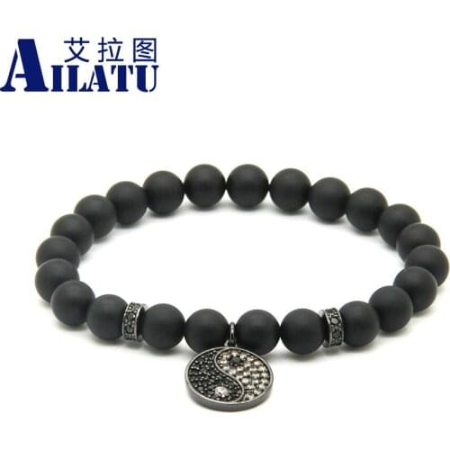 Ailatu Wholesale 10pcs/lpot 8mm Black Matte Onyx Stone with Micro Paved Zircon Mix Colors Yingyang Tai Chi cz Beads Bracelets