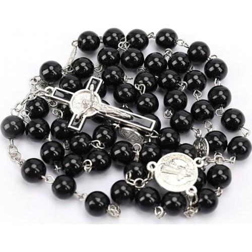 1PCS Catholic Black Rosary Beads Necklace For Women Men Cross Long Pendant Necklaces Praying Religious Jewelry Church Gifts