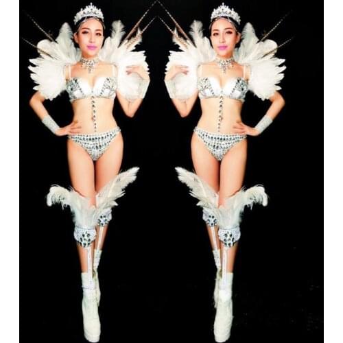 DC32 Singer stage wears bikini dj sexy female dresses white feather shoulder outfit party performance outfit clothe bar costumes