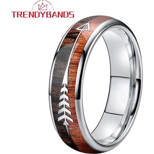 6MM Arrow Koa Wood Inlay Tungsten Carbide Rings Wedding Bands For Women Men Domed Polished Shiny Comfort Fit