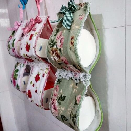 Korean Style Pure Cotton Lace Printed Cloth Hanging bag Toliet Roll Paper Storage Bag Bathroom Storage Bag