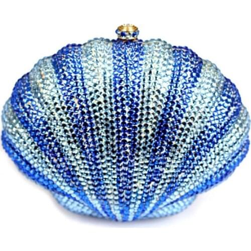 Bee In Fly Fashion Blue Shell Clutch Small Wallet Rhinestone Bride Bag Lady Crystal Diamond Handmade Unique Girl Party Purse