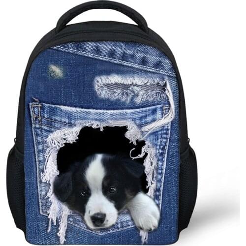 ELVISWORDS Small School Bags For Girls Boys Denim Dog Print School Backpack Kindergarten Child Satchels Mochila Escolar Kids Bag