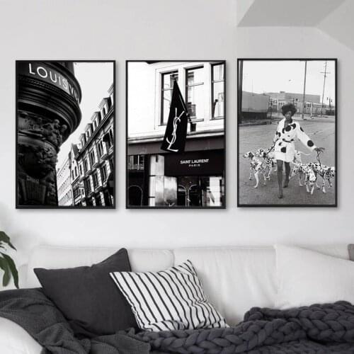 Fashion Paris Brand Model with Dog Wall Art Canvas Painting Poster and Print Black and White Pictures for Living Room Home Decor