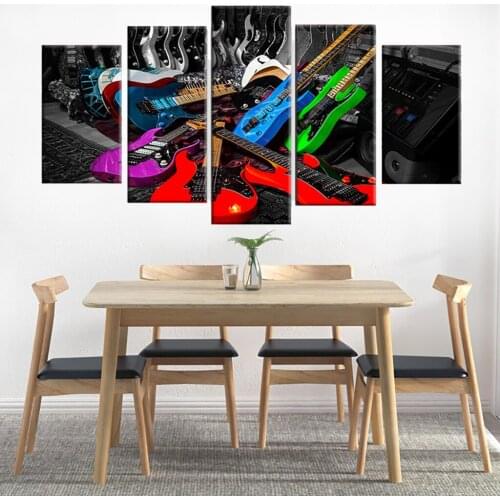 Modular Canvas Painting Home Decor Frame 5 Panel Colourful Rock Electric Guitar Pictures Living Room HD Printed Poster Wall Art