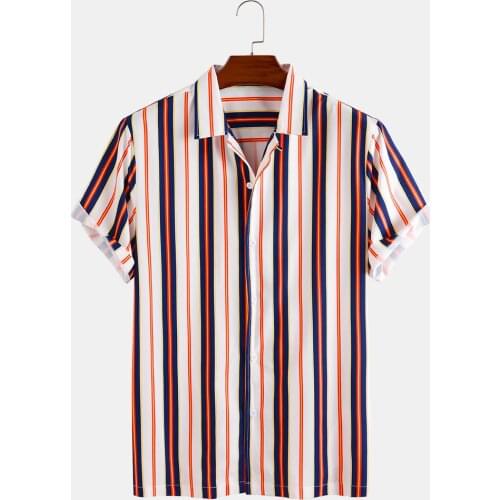 2021 Mens Vertical Striped Shirts Collar Button Up Short Sleeve Shirts Casual Holiday Hawaiian Shirt
