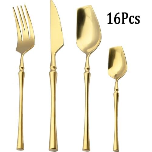 16Pcs Cutlery Set Matte Glod Tableware Set 18/10 Stainless Steel Dinnerware Set Luxury Fork Spoon Knife Dinner Silverware Set