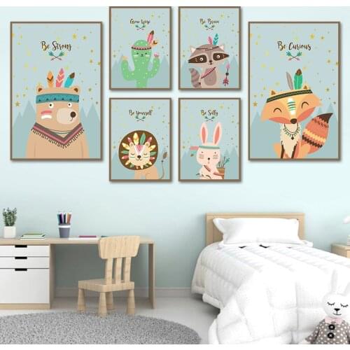 Chief Bear Fox Raccoon Lion Rabbit Cactus Wall Art Canvas Painting Nordic Posters And Prints Wall Pictures Baby Kids Room Decor