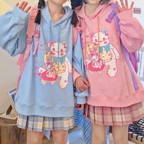Cartoon Bear Kawaii Sweet Girls Harajuku Japanese Streetwear Cute College JK Pullover Sweatshirt Fun Casual Vintage Loose Tops
