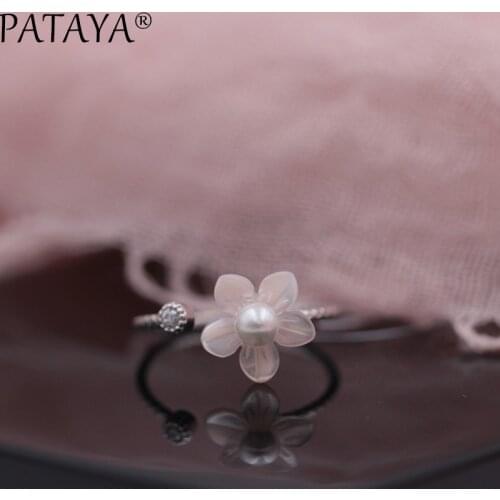 PATAYA New Arrivals Limited Unique Women Wedding Party Jewelry True White Gold Flower Shape Shell Pearls Up Open Exquisite Rings