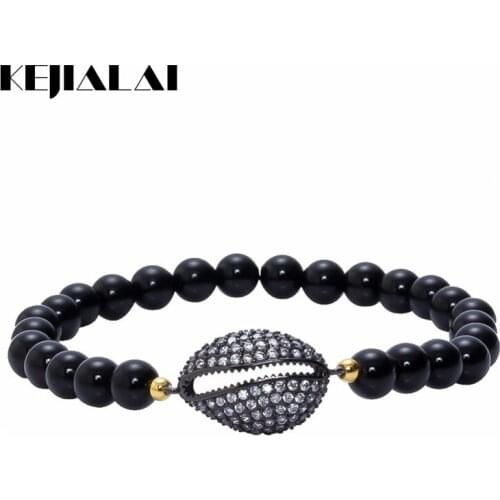 New Fashion Men Bracelet Black Shell Connector Oyster Charm Micro Pave White Zircon & 8mm Faceted Stone Beads Bracelet for Women