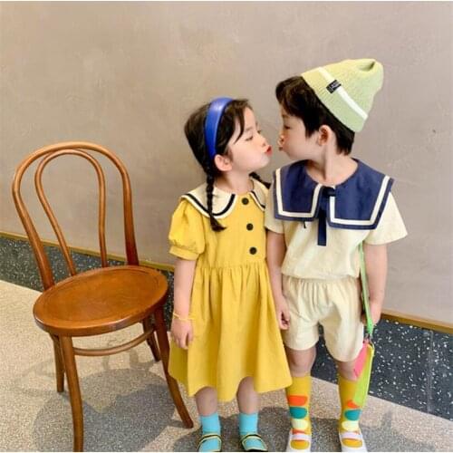Baby Boys Girls Clothes Summer Sailor Collar Kids Dresses For Girls Brother And Sister Matching Clothes Family Matching Outfits