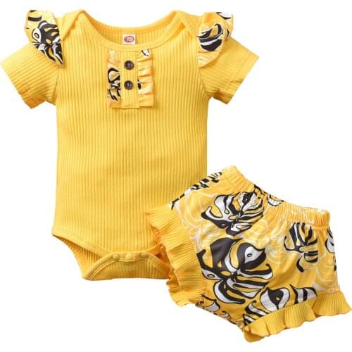 OPPERIAYA 2Pcs Newborn Casual Summer Outfits Baby Girls Fly Sleeve Round Neck Button Ribbed Bodysuit Printed Ruffle Shorts