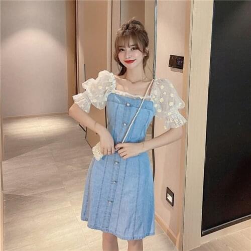 Women Denim Dress Female Summer Square Collar Stitching Embroidered Mesh Puff Sleeves Clothing Sexy Mini Sundress