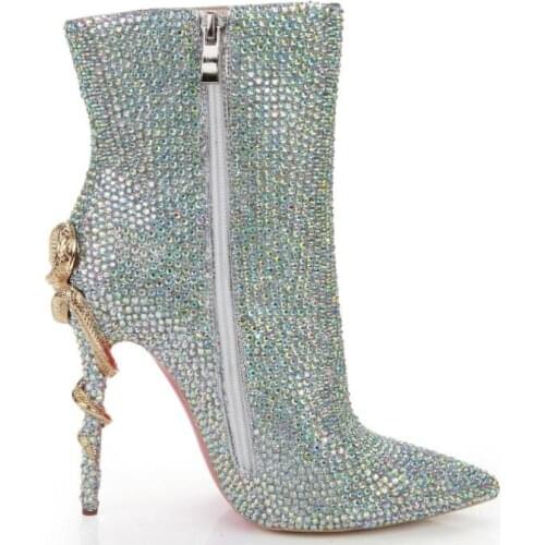 Crystal Ankle Boots Red Bottom Rhinestone Bling Bling Wedding Boots Genuine Leather Luxury Fashion Snake Shoes 35-41