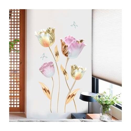 Tulips Wall Stickers 3D Flower Wallpaper vsco Girl Room Decor Aesthetic Living Room Bedroom Decoration Fridge Wallstickers Art