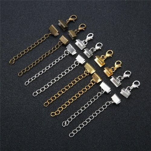10set/lot Ribbon Leather Cord End Fastener Clasps With Chains Lobster Clasps Connectors For Bracelet Diy Jewelry Making Findings