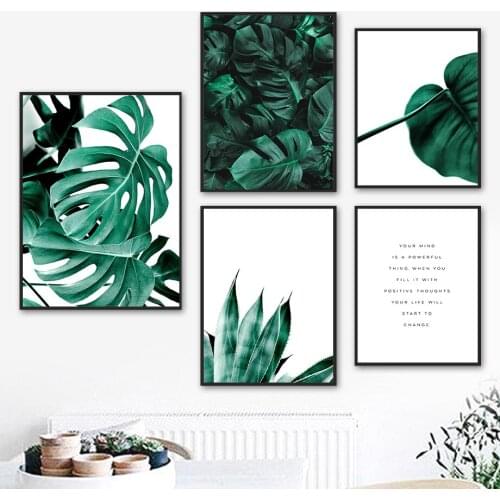 Green Plant Leaves Monstera Agave Quote Wall Art Canvas Painting Nordic Posters And Prints Wall Pictures For Living Room Decor