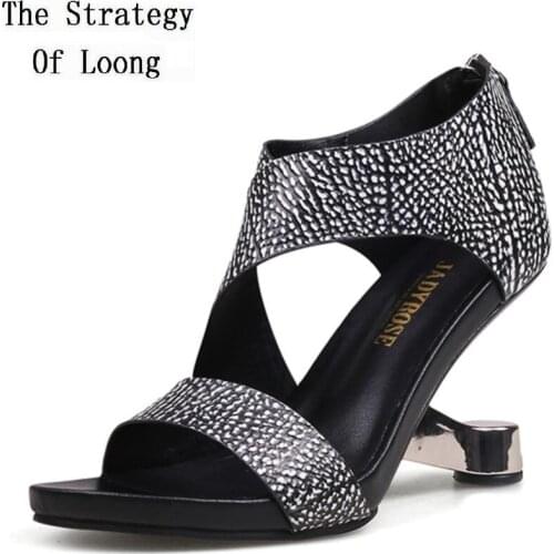Summer New European America Style Fashion Metal Strange Heels Cut Out Peep Toe Platform Genuine Leather Women Gladiator Sandals