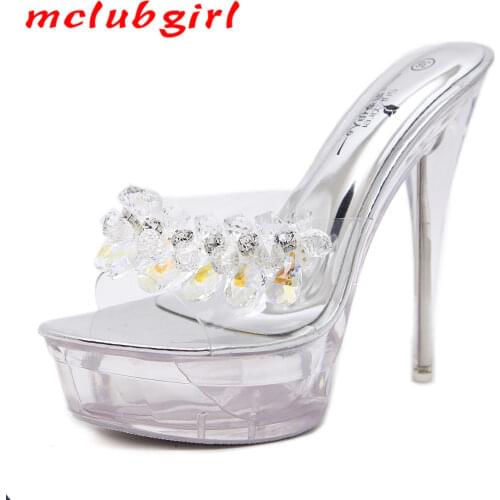 Mclubgirl Women Crystal Uper High-heeled Sandals Glass Drill Crystal Stiletto Slippers Waterproof Platform Non-slip LFD