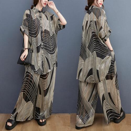 50-90KG Women Clothing Two Piece Set Striped Lapel Short Sleeve Top + Elastic Waist Wide Leg Trousers Casual Loose Fashion Suit