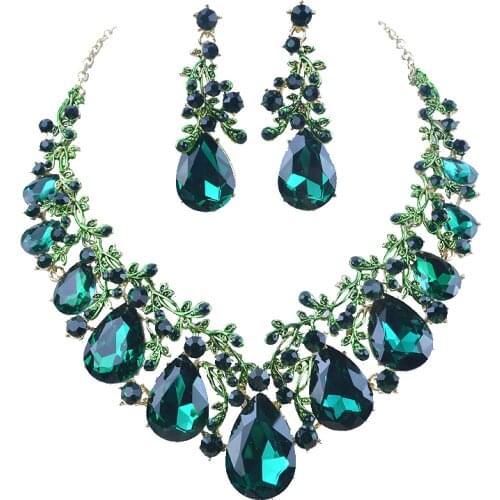 Women party Crystal jewelry sets Statement fashion green color water drop style bridal wedding necklace and earrings