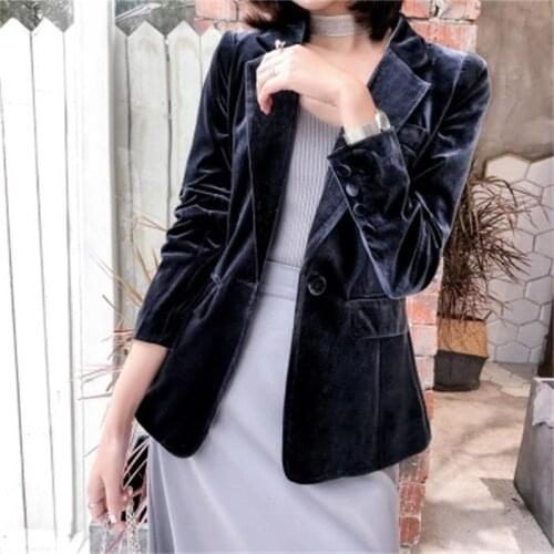 Fashion gold velvet Blazers Women jacket spring Autumn New Large size High end Smoke gray slim velvet small suit jacket female