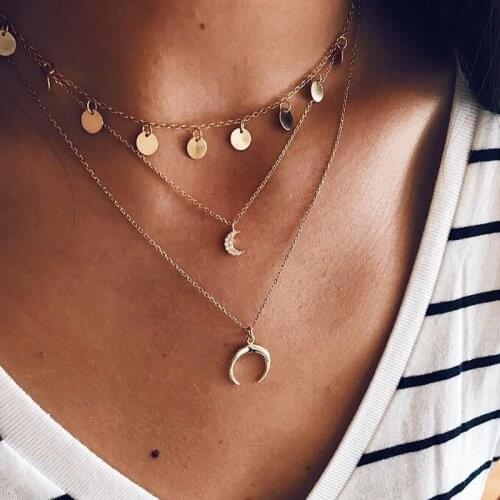 Bohemian Round Sequins Moon Pendant Multilayer Gold Necklace Simple Women Summer Beach Jewelry Accessories